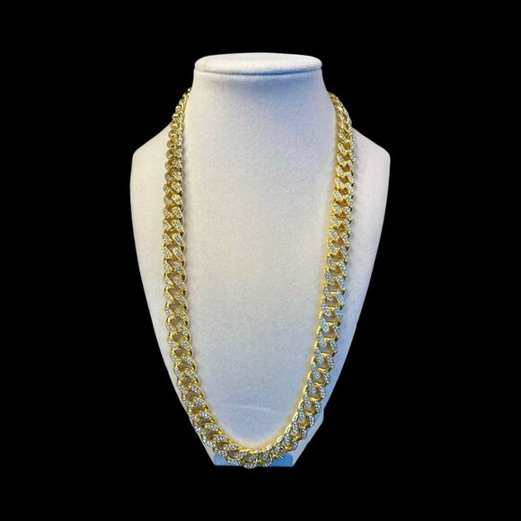 Gold-Tone Cuban Link Chain Necklace Rhinestone Accents -128 - Picture 1 of 2
